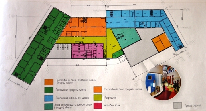 План второго этажа, где размещены учебные классы, зимний сад, спортивный блок и актовый зал